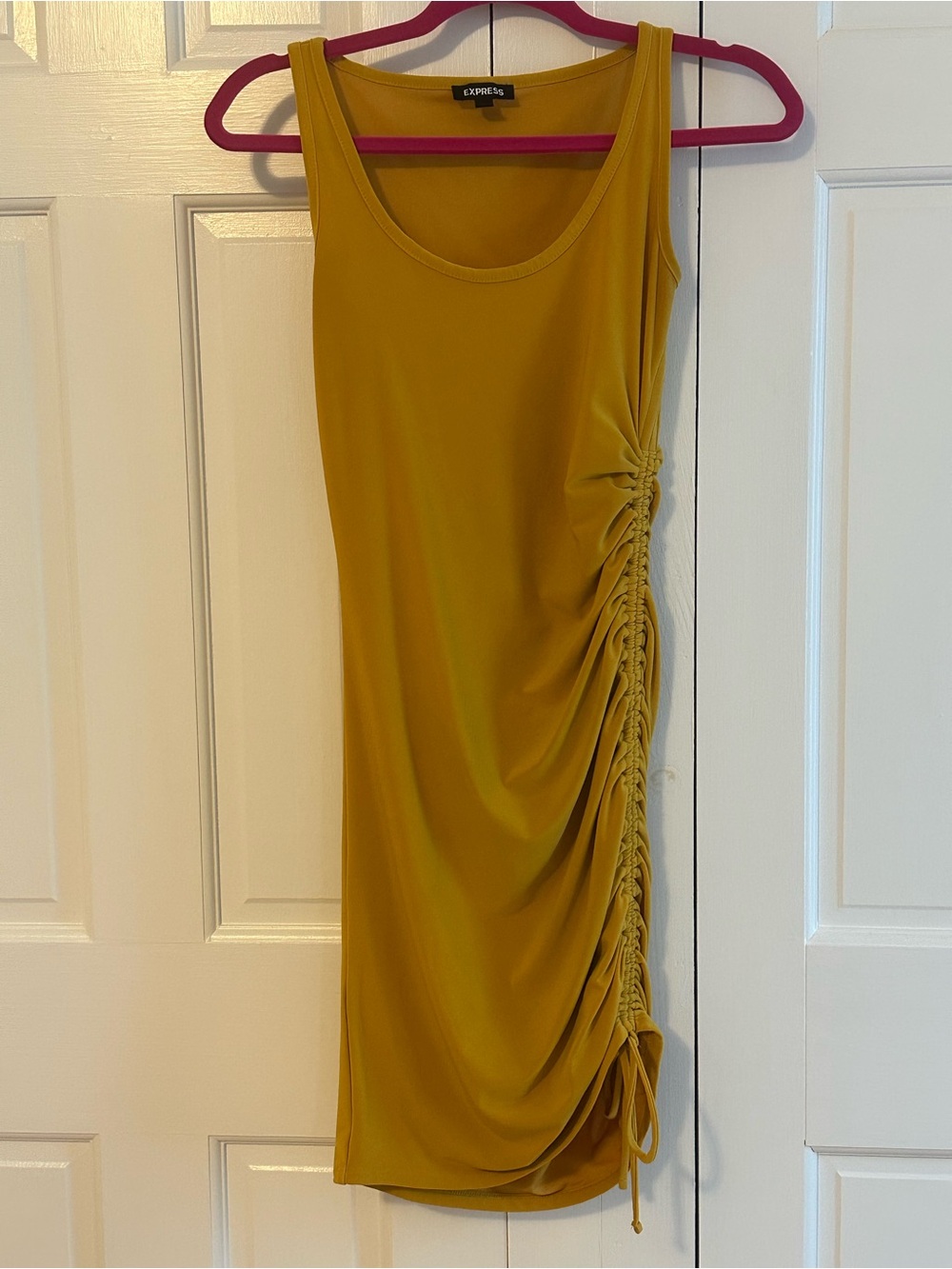 Express Mustard Yellow Side-Ruched Midi Tank Dress